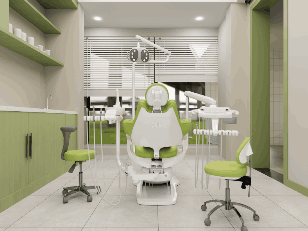 A green and white chair positioned in a room, suggesting an interior setting, possibly an office or nursery.